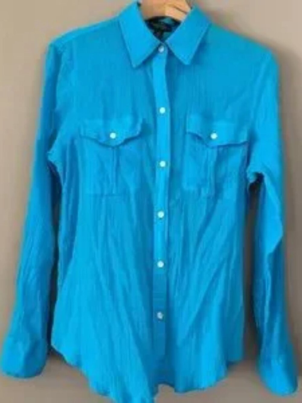 Ralph Lauren Turquoise Crinkle Button-Down Shirt with Roll-Tab Sleeves Size M